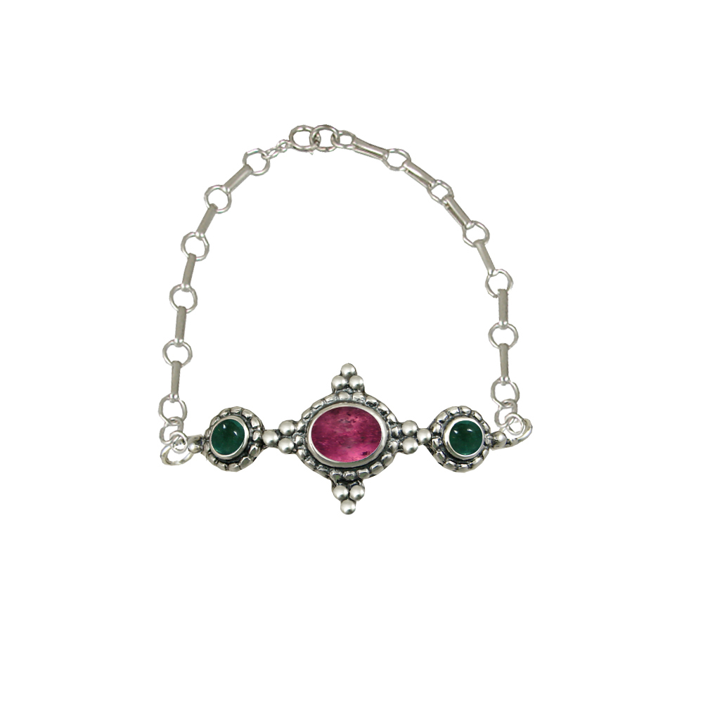 Sterling Silver Gemstone Adjustable Chain Bracelet With Pink Tourmaline And Fluorite